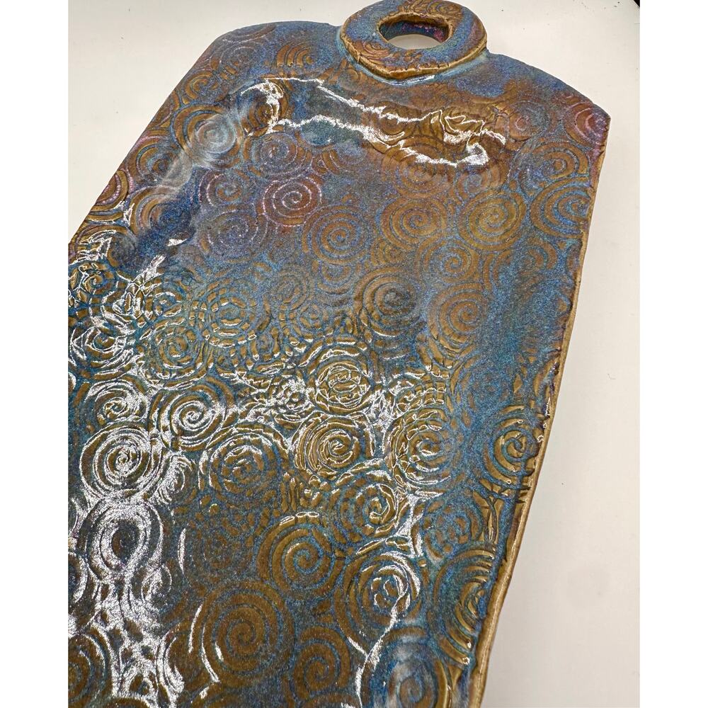 Handmade Raku-Style Ceramic Platter — Iridescent Blue & Copper Swirl Pattern
